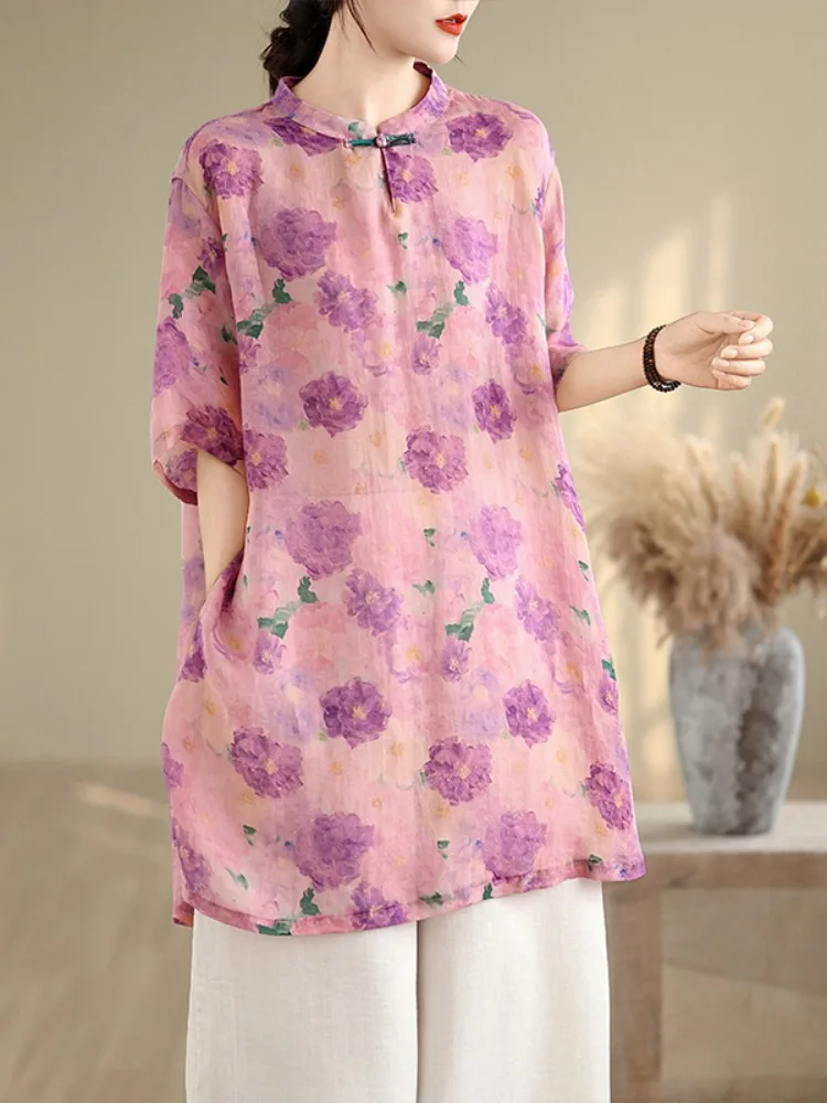 

Женский легкий дышащий воротник-стойка в стиле ретро из хлопка и льна с принтом миди на пуговицах, тонкий летний топ на пуговицах