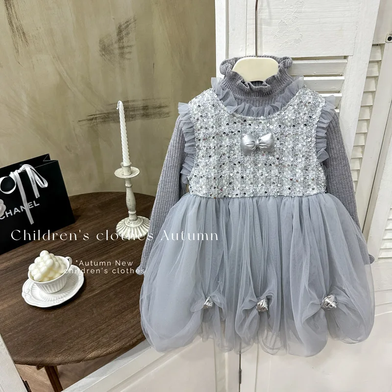 

Girls' Dress2025Autumn Winter Stylish Sheer Dress Niche Rose Design Birthday Dress First Birthday Fleece Lined Sequin Dress