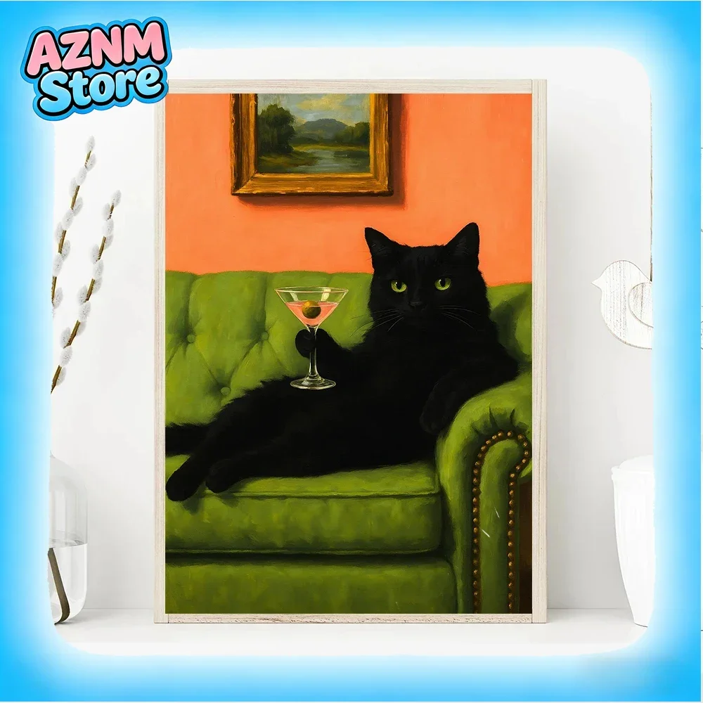 More Spaghetti, Less Upsetti Black Cat with Cocktail Smoking Poster Canvas Painting Print Wall Art for Living Room Home Decor