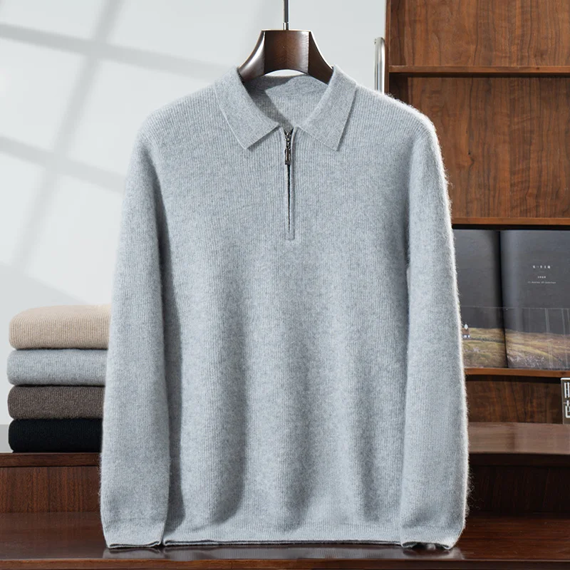 100% Cashmere Polo Sweater Autumn Winter Men's Smart Casual Long Sleeve Pullover Cashmere Knitwear Soft Comfy Clothing Tops