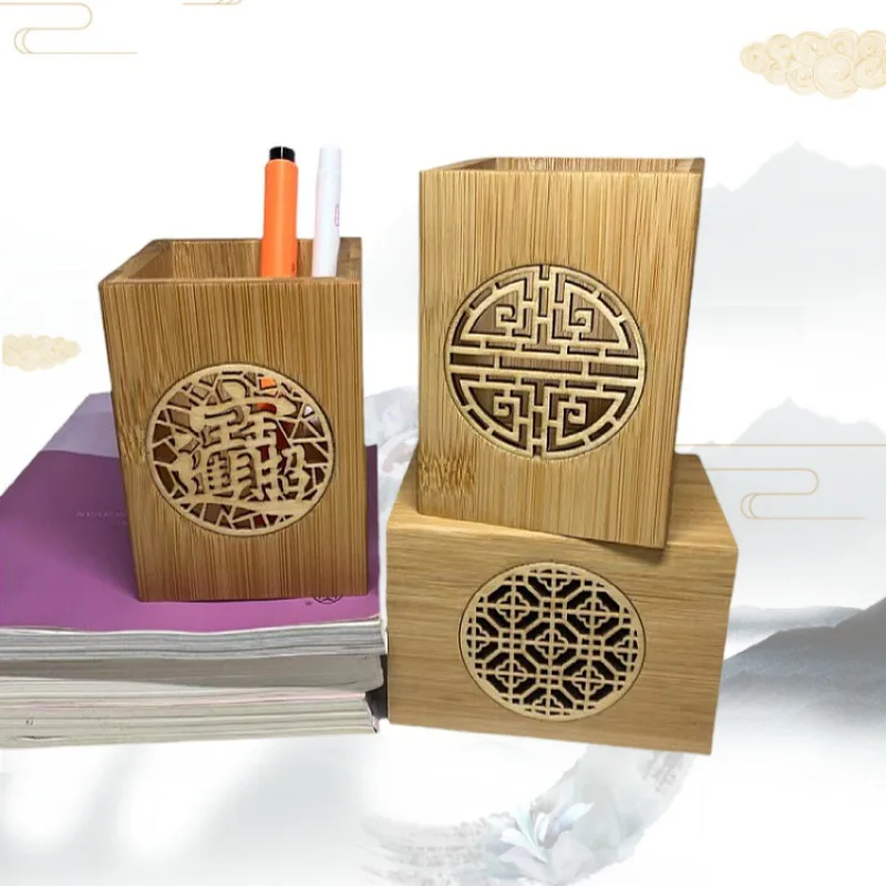 Multifunctional pen holder new bamboo hollow solid wood ancient style desktop organizer square simple bamboo tube