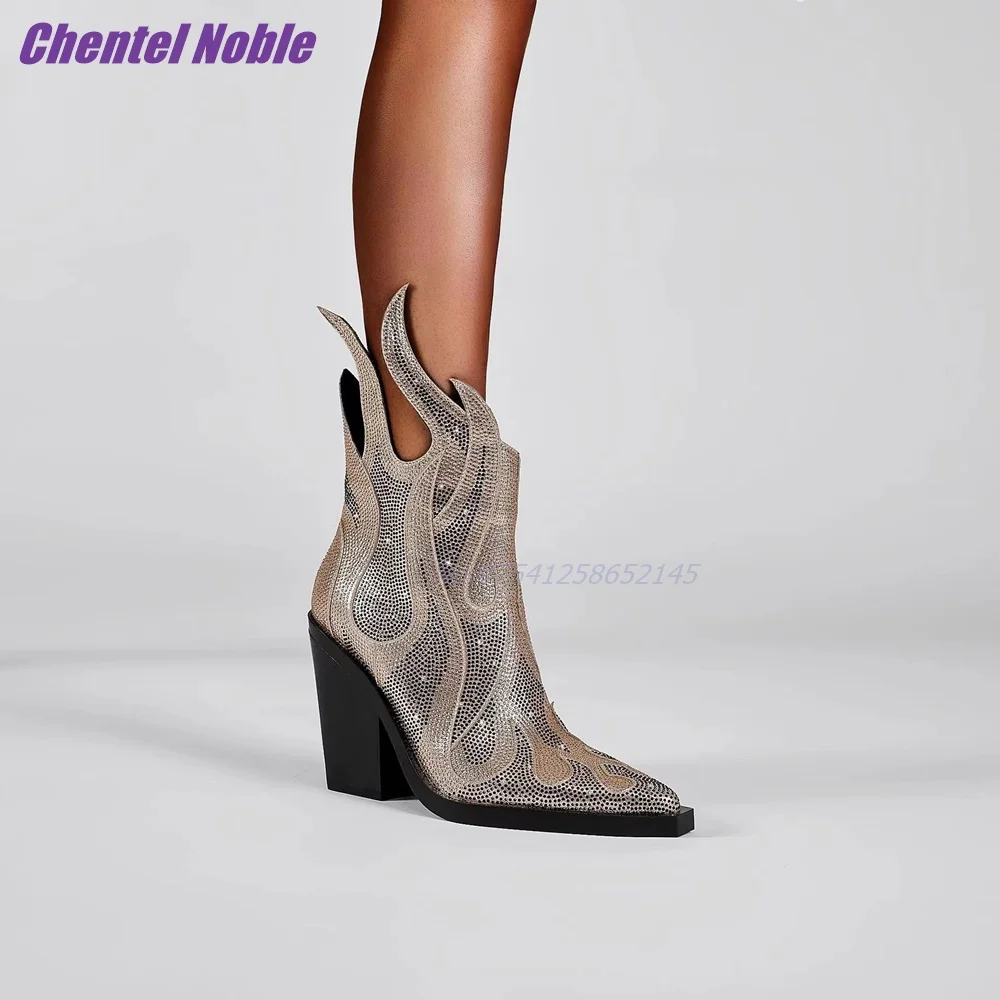 Irregular Cutting Rhinestone Shoes Shining Chunky Fire Shoe's Tube Fashion Sexy Women's Shoes Mid-Calf Designer Pointed Toe