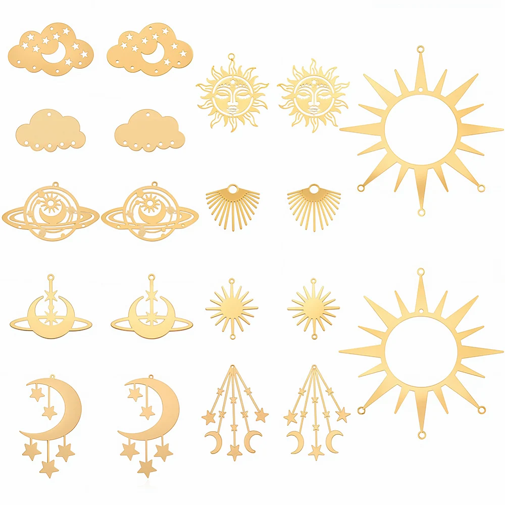 1 Box 20Pcs 10 Styles Sun Connector Charms Brass Charm Connectors Gold Celestial Moon Star Cloud 2 Holes Link Pendants