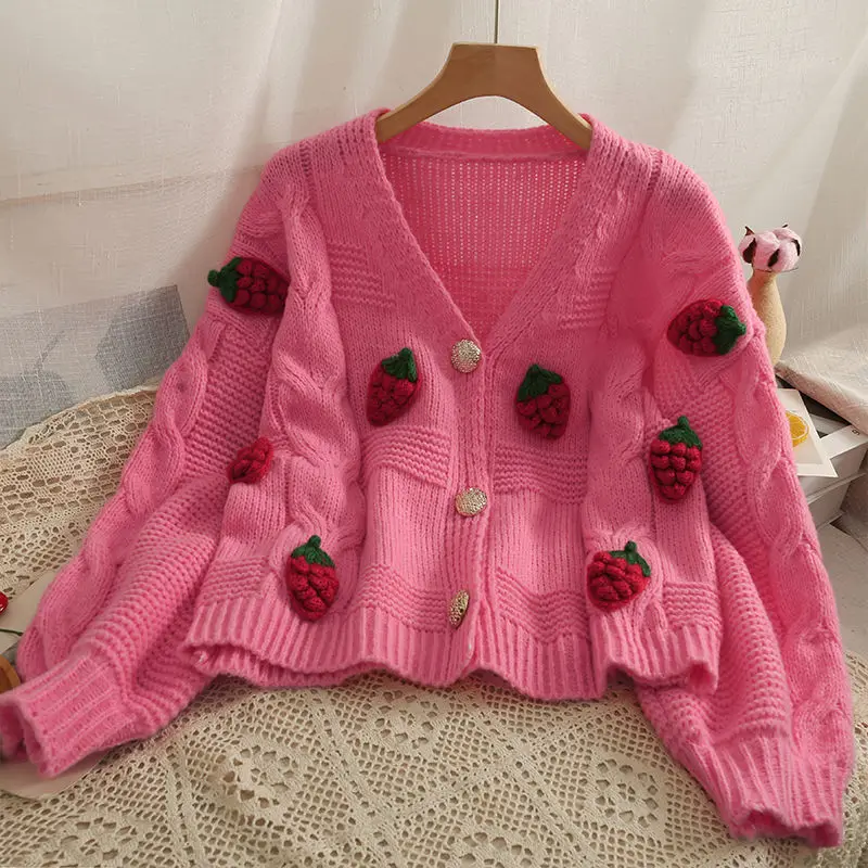 Women Cardigan 3D Strawberry Korean Sweet Autumn Winter Girl Sweater Loose Full Solid V-Neck All-match Small Fresh Girls Sweater