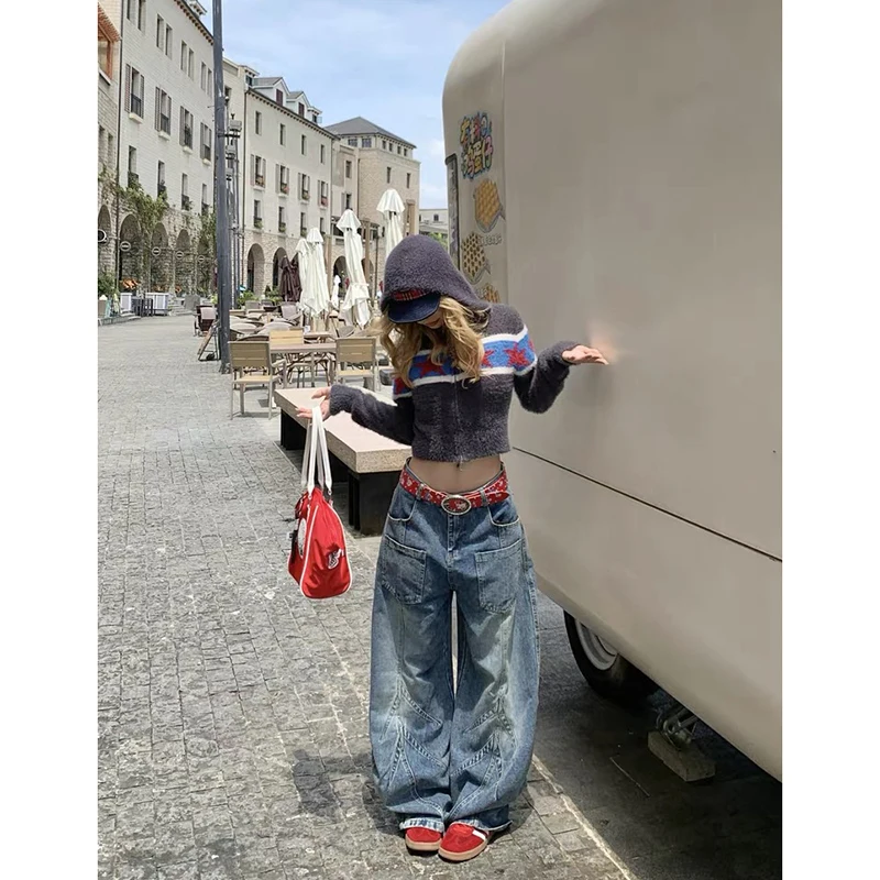 女性ヴィンテージブルーバギーY2kカーゴジーンズアメリカンレトロ2000年代原宿デニムパンツストリートウェアオーバーサイズデニムパンツ