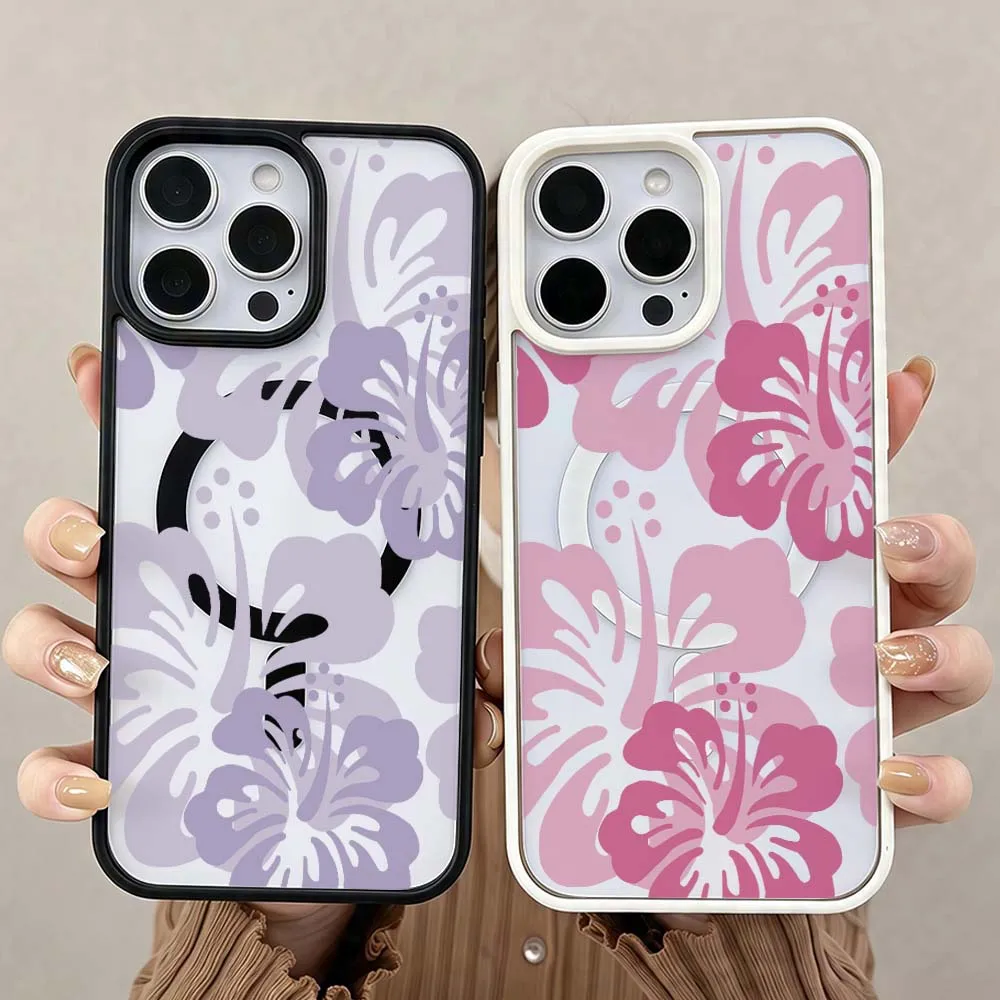 Fashion Hibiscus Pattern Phone Case For iPhone 17 Air 16 15 14 13 12 11 Pro Max Plus Wireless Charge Magnetic Magsafe Cover
