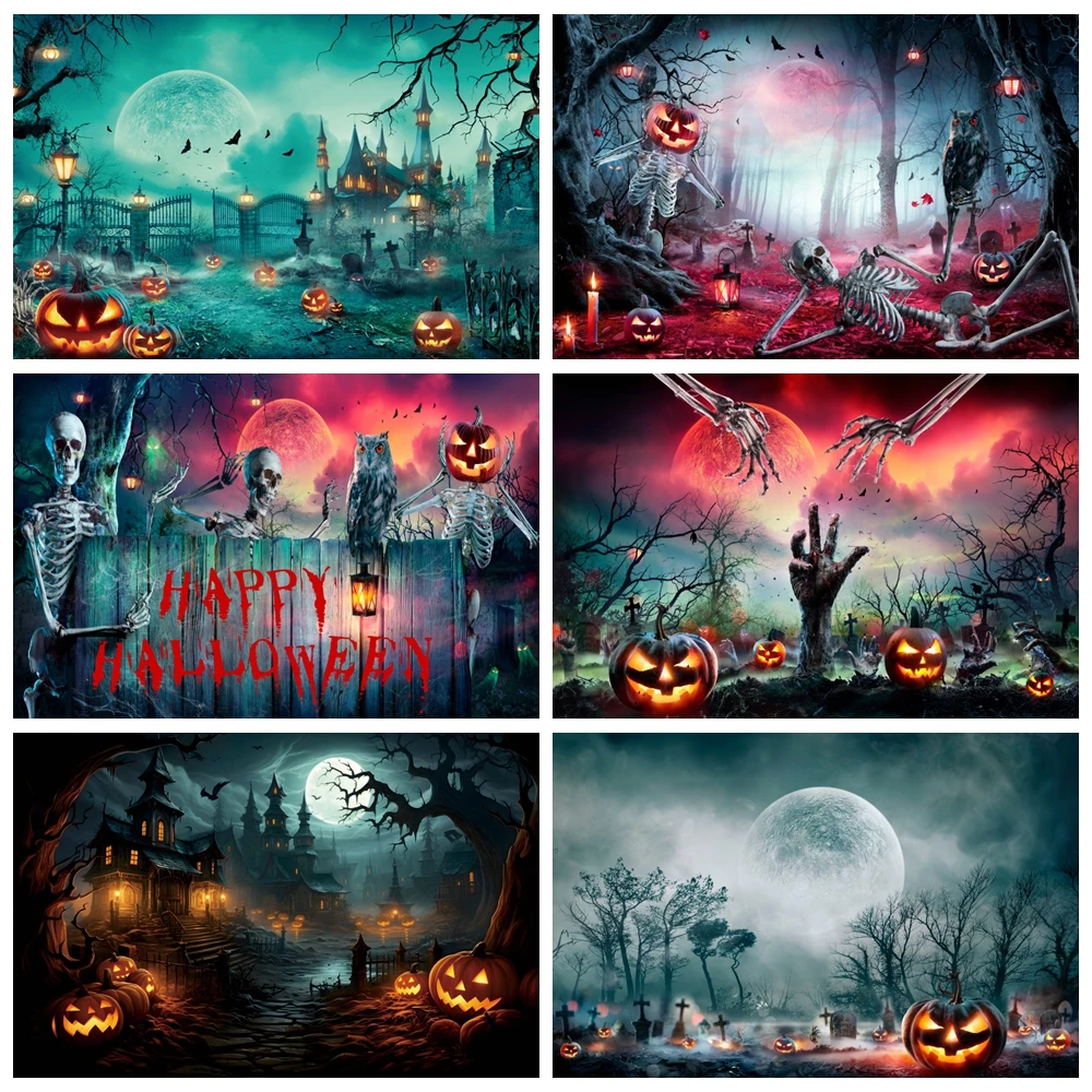 Halloween Photography Backdrop Full Moon Scary Night Castle Pumpkin Horror Cemetery Witch Halloween Party Photo Background Decor