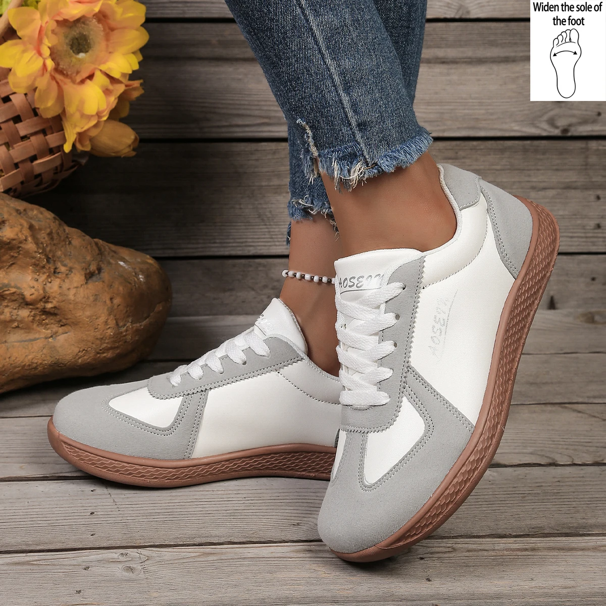 Ladies' extra-wide last casual sneakers with contrast stitching, front lace-up design, suitable for outdoor commuting