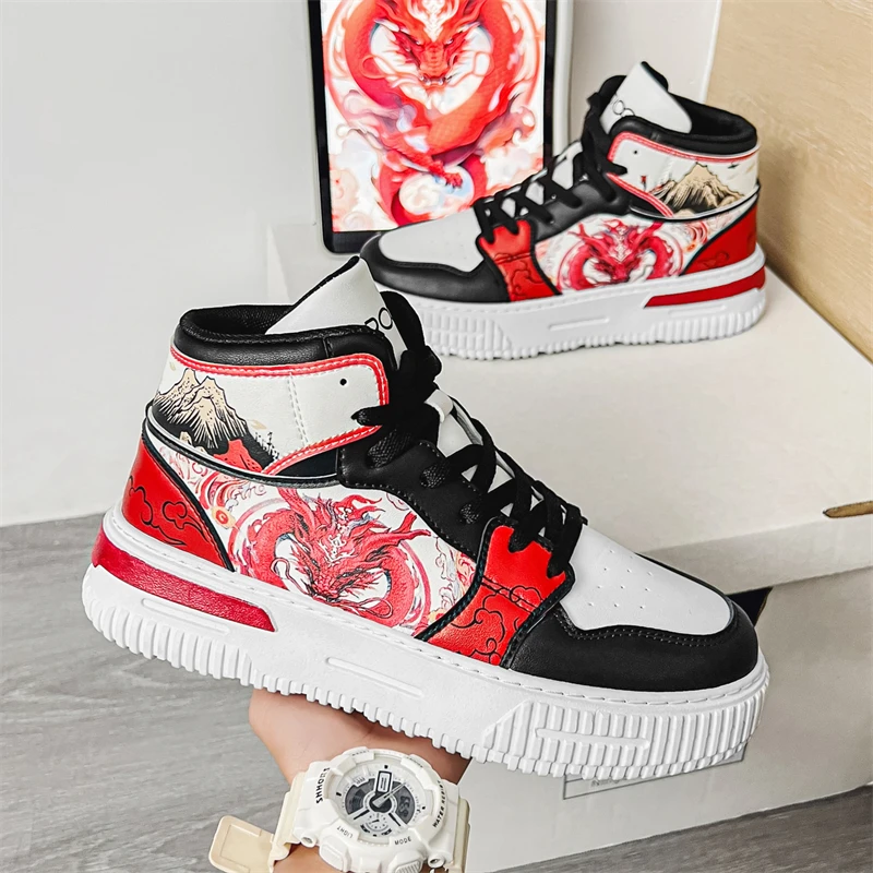 2024New Anime Cartoon High Top Chinese Style Dragon Couple Trendy Shoes PU Casual Versatile Sports Shoes Size35-44  Hard-Wearing