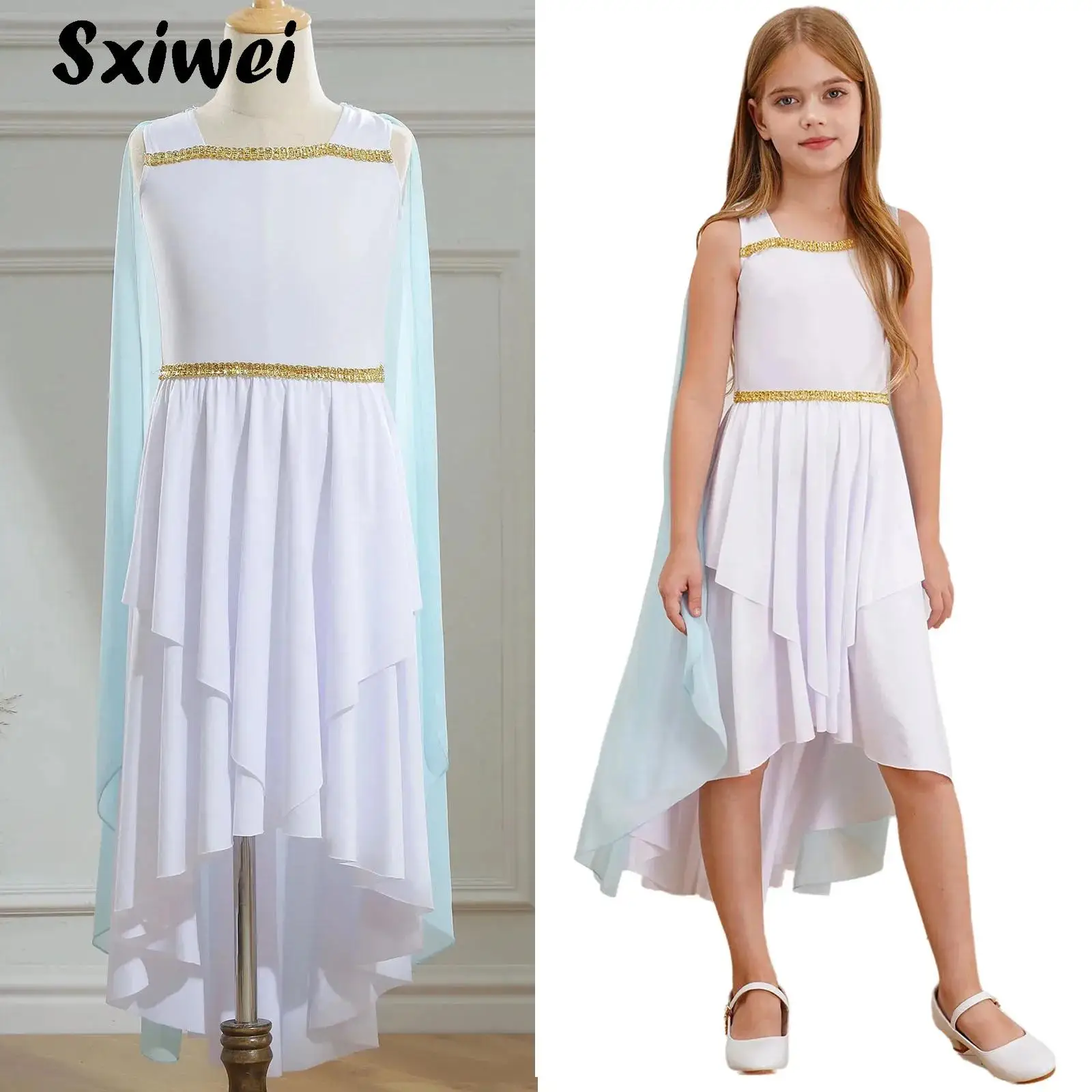 

Kids Girls Halloween Ancient Greek Athena Costume Rome Toga Outfits for Princess Deity Cosplay Flowy Rome Dress with Tulle Shawl
