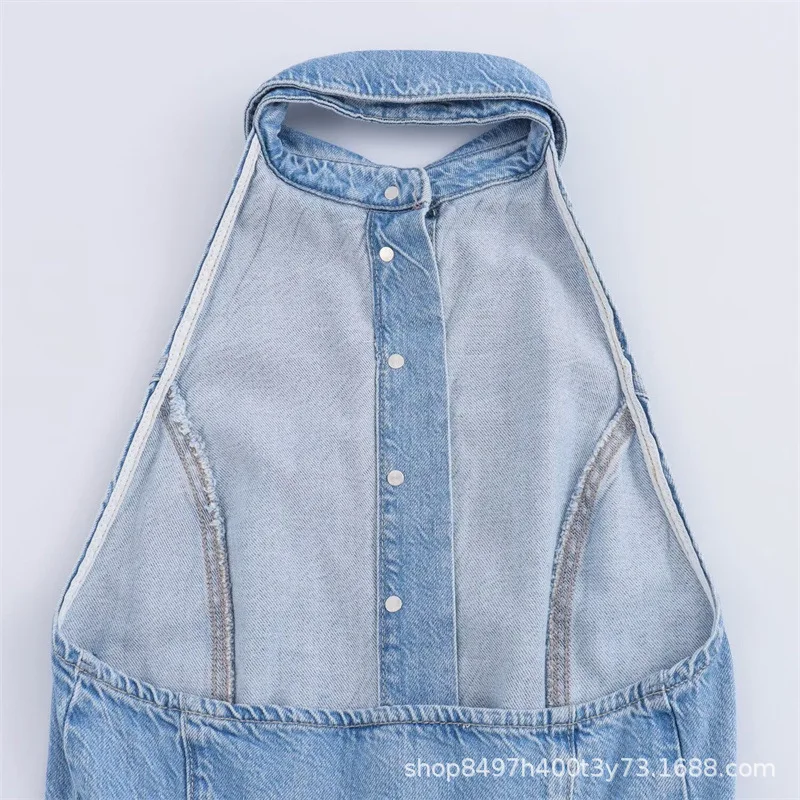 Estilo europeo y americano2025Mono de mezclilla casual suelto sin espalda de color sólido para mujeres