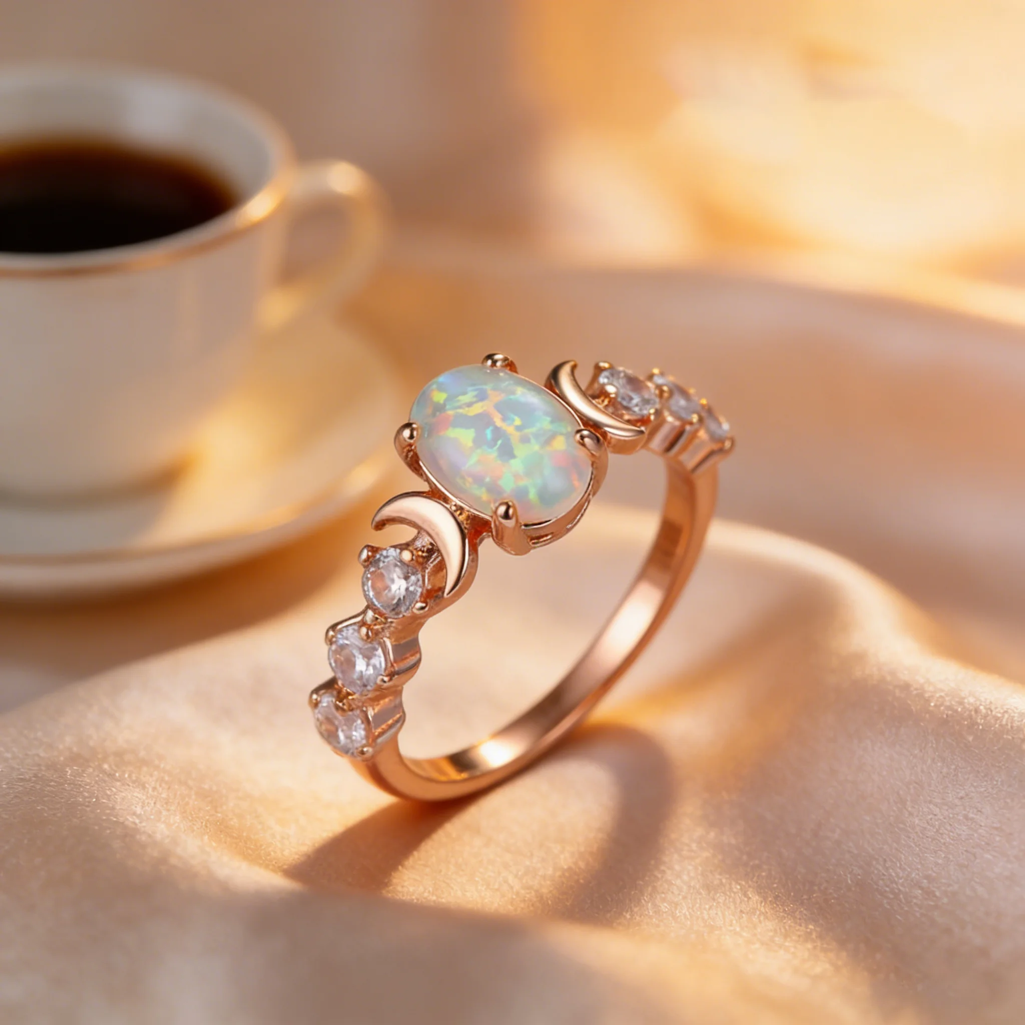 White/BlueOpal Ring with Moon and Star Design,Celestial Engagement Ring,Birthstone Gift for Women,Trending Luxury Galaxy Jewelry