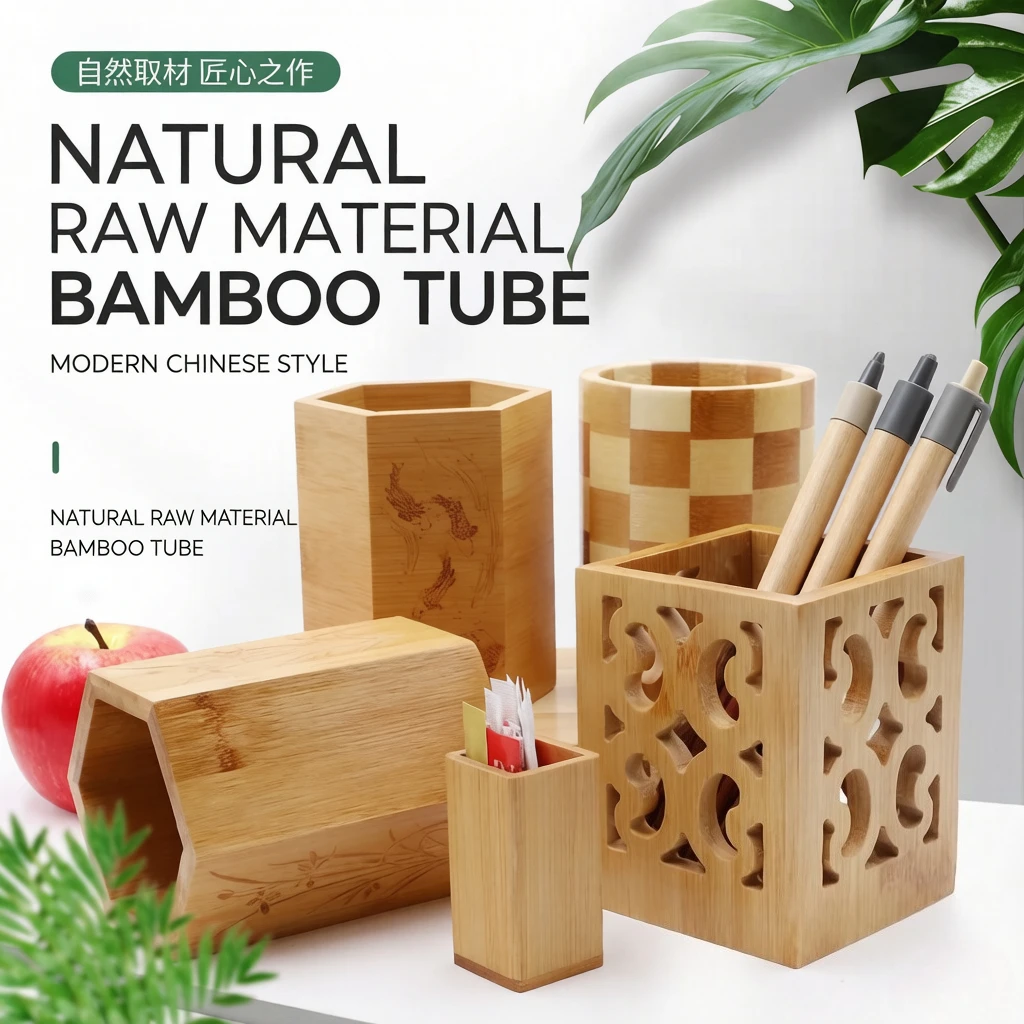 ✨ Natural Bamboo Pen Holder Geometric Checkerboard Design Hollow Out Wooden Desk Organizer Modern Scandinavian Style