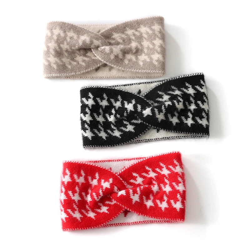 

100% Cashmere Headband for Women, Color Block Hair Accessory, Wide Edge Bow Knitted Hair Ornament, Computer Jacquard Headband