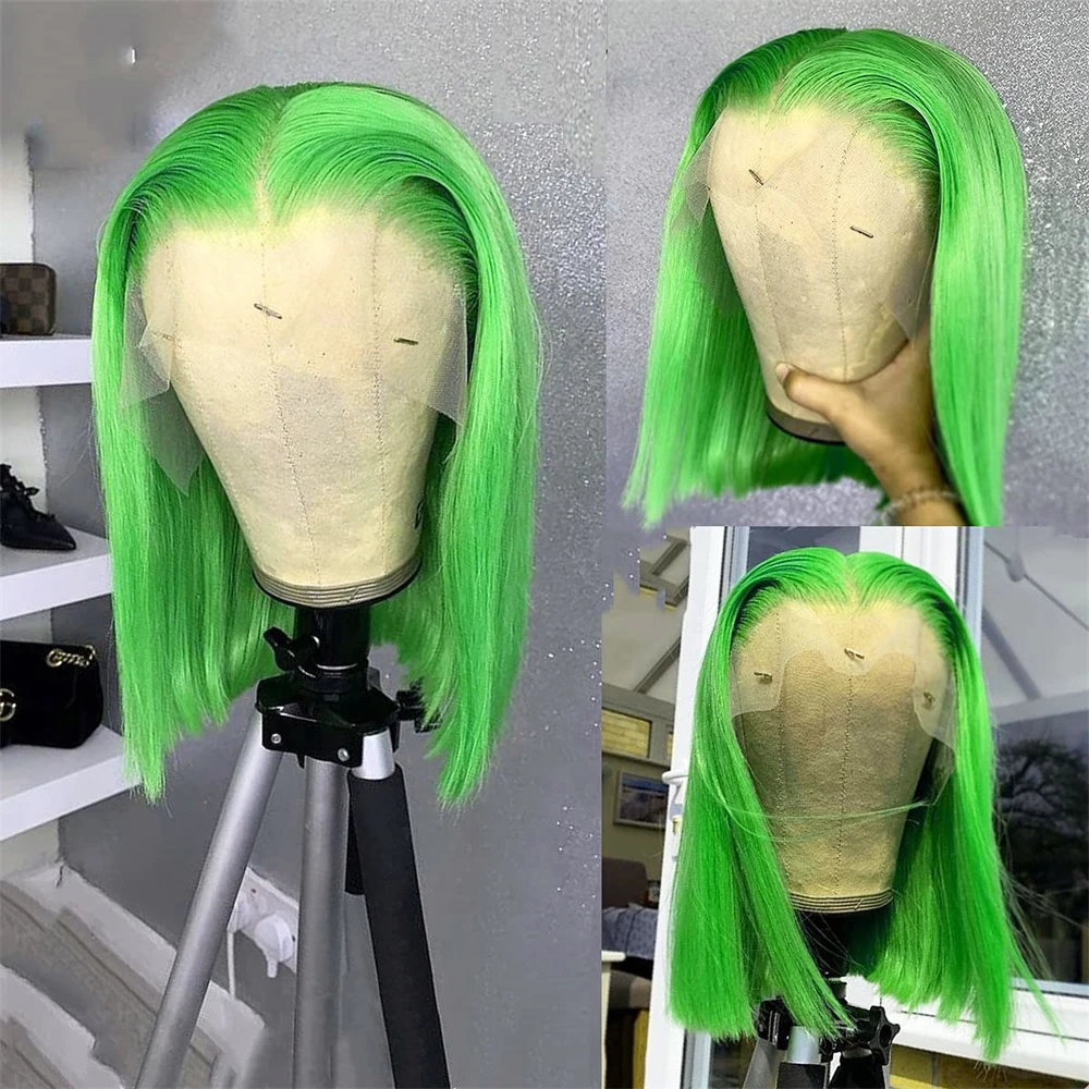 FANXITION Bob Hair Lace Wigs Green Straight Synthetic Lace Front Wig Short Bob Wig for Women Shoulder Length Frontal Wig Cosplay