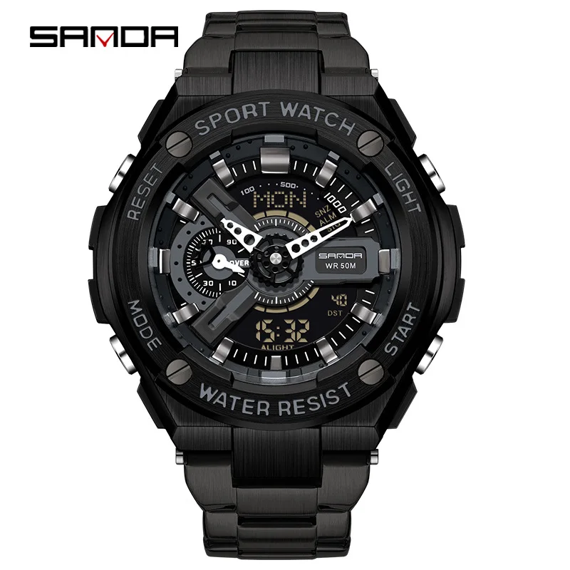 SANDA 3170 New Handlift Light Multi functional Sports Waterproof and Shockproof Alarm Clock Men\'s Watch Digital Wristwatches