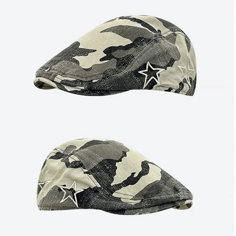 

New American Camouflage Y2K Pentagram Pattern Embroidery Forward Hat Men and Women Big Head and Short Brim Sunshade Painter Cap