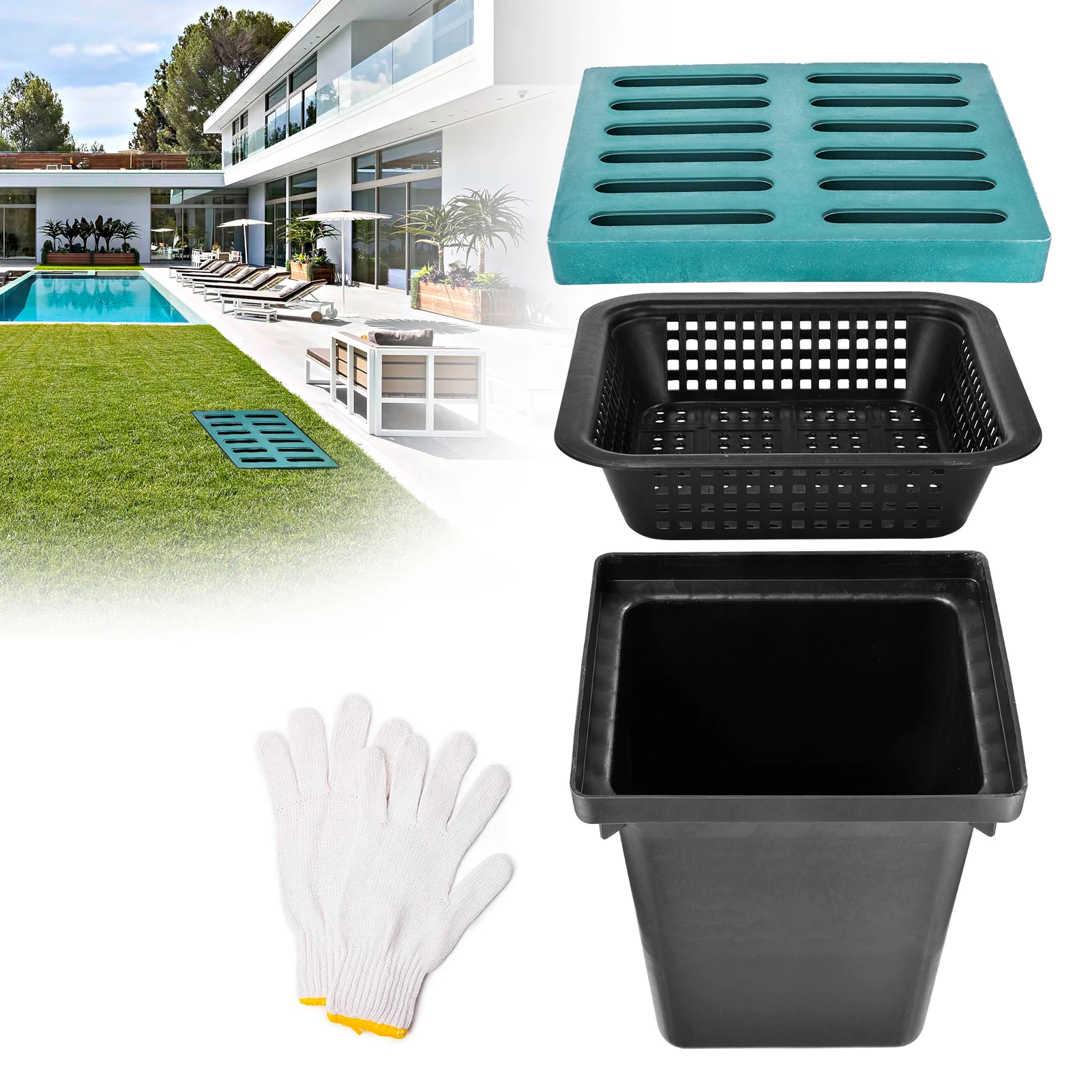 

Дренажный лоток 16.5x16.5x24 дюйма, большой дренажный бокс для двора с решеткой и корзиной для мусора для патио, городского водопровода, подъездных путей