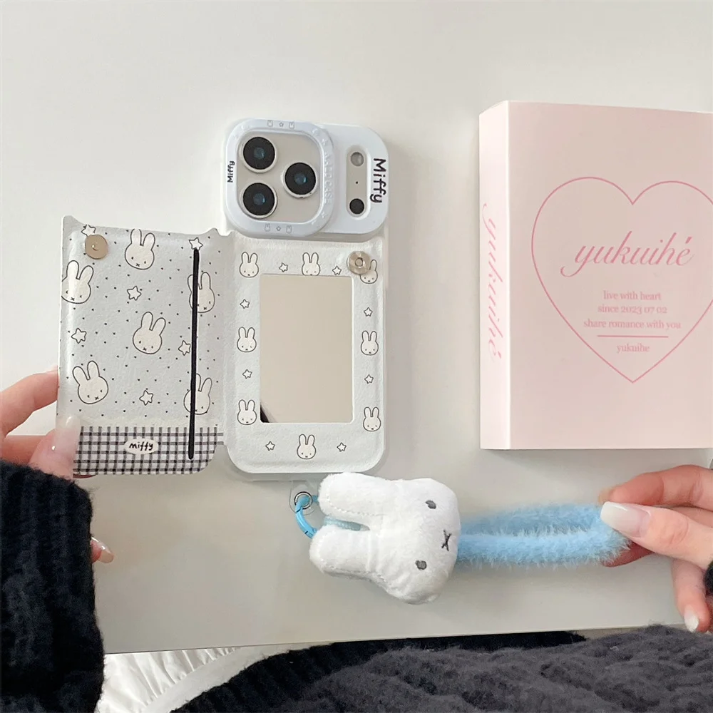

Korean INS Simple Polka Dot Line Rabbit Phone case For iPhone 17 Pro 14 15 16 Pro Max Cover With Mirror Card Holder Fashion Case