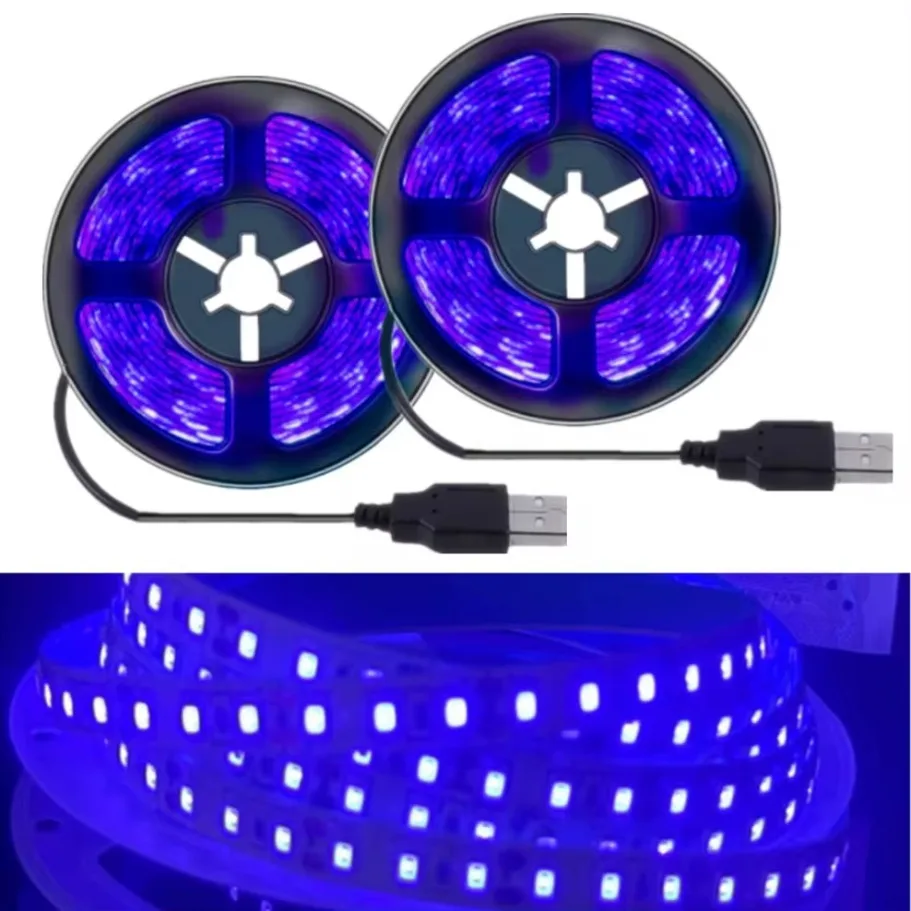 UV LED Strip Light Flexible 2835 SMD 5V Purple 395-405nm Ultraviolet Black LED Light Strip For Detect Money Home Christmas Decor