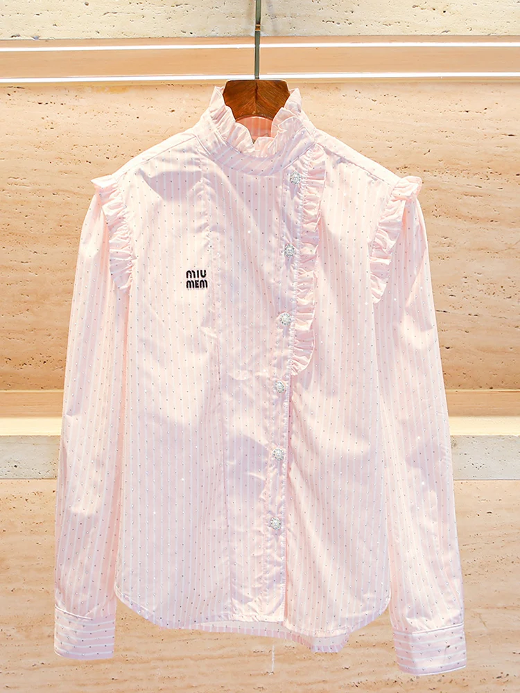 

High-End Women's Long Sve irt with Rhinestone Striped Flounce Design Commute Sle Loose Fit Chinese Production