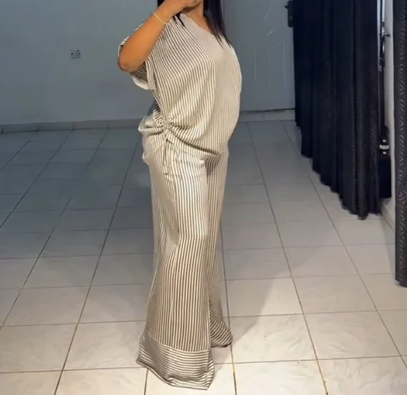 

2025 Fashion Spring Summer Latest Hot Selling Items Casual New Casual Loose V-Neck Striped Short Sleeved Top, Wide Leg Pants Set