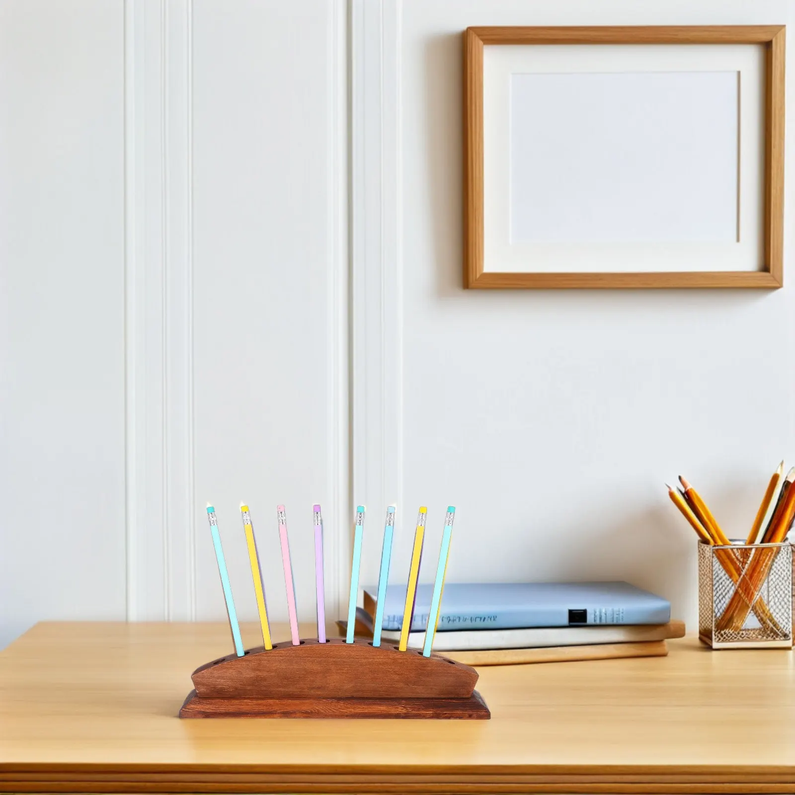 10-Slot Wood Pen Holder Rack Stylish Minimalist Desk Organizer for Pens Pencils Makeup Brushes Eyebrow Pens Office Home School