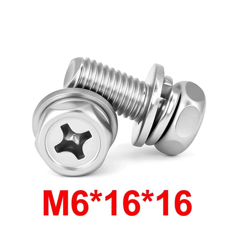 M6X16X16 Stainless Steel Cross Recessed External Hex Head Screw with Washer Sems Screws Metric Three Combination Screw