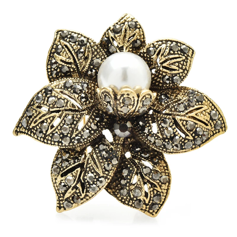 Wuli&baby Vintage Flower Brooches Women Unisex 2-color Rhinestone Pearl Beauty Party Office Brooch Pins Gifts