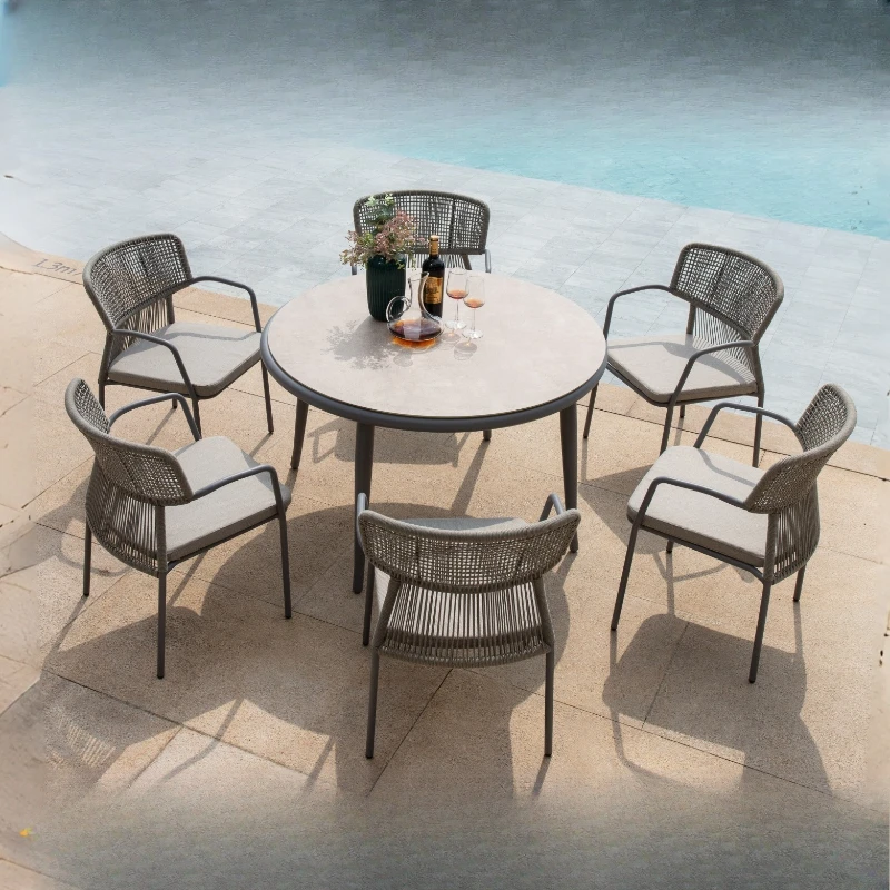 Hotel outdoor braided rattan chair dining chair garden swimming pool outdoor table and chair waterproof rock slab dining table