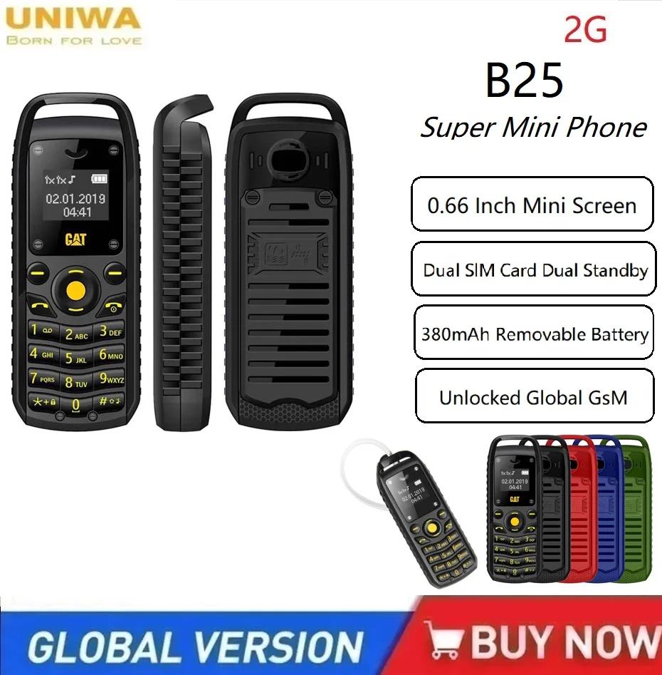 UNIWA B25 Super Mini 0.66 Inch 2G Mobile Phone Wireless Bluetooth Earphone hand free Headset Unlocked Dual SIM Card Cellphone