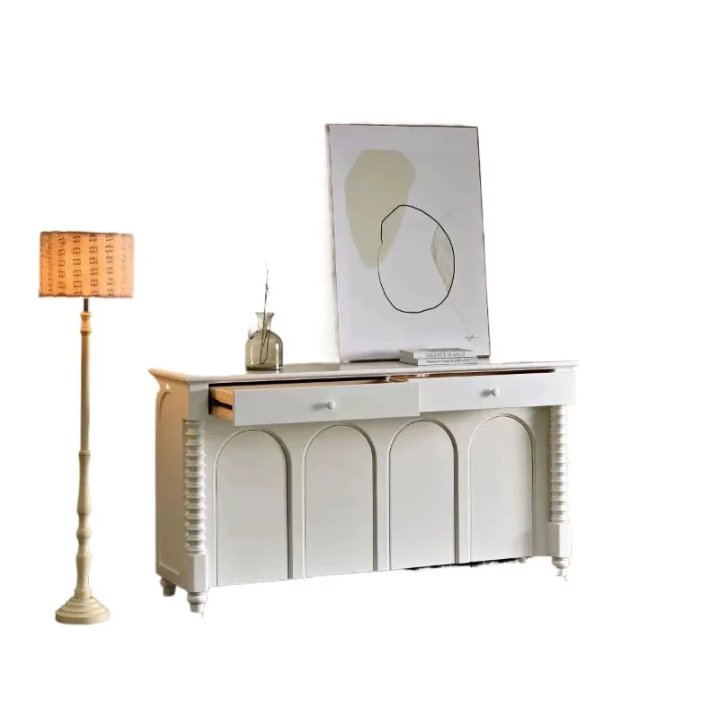 

French solid wood white side cabinet American arched door entrance cabinet