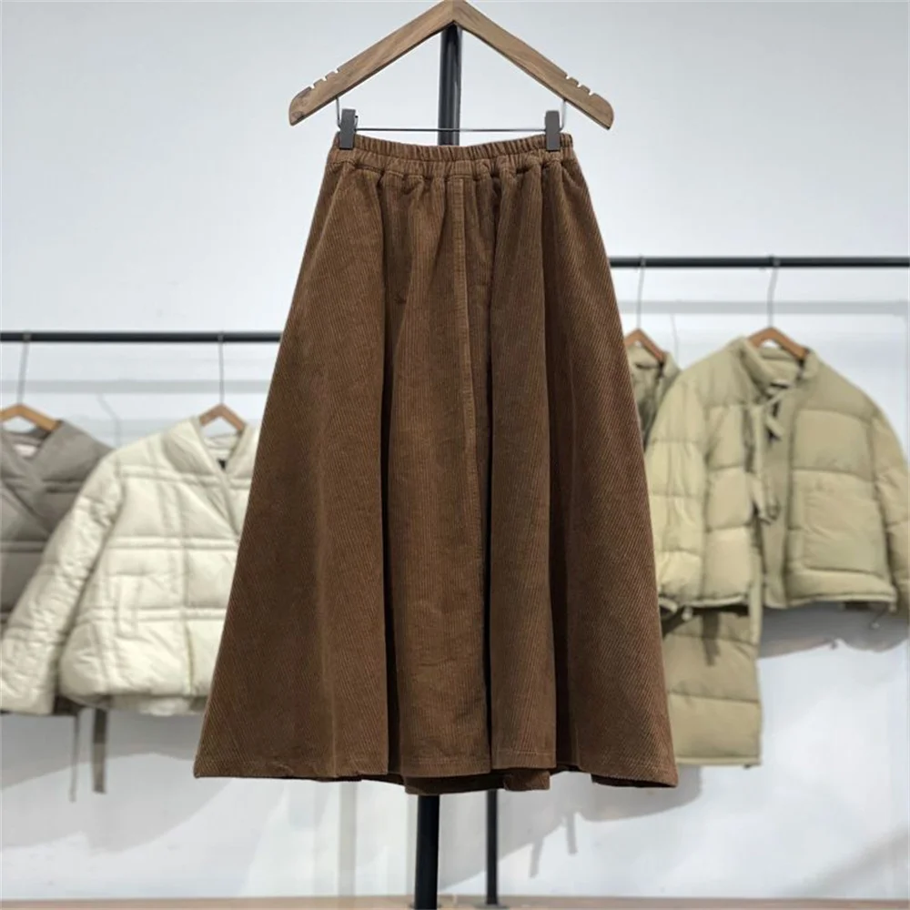 Vintage Cord-Midirock für Damen, mit elastischem Bund, A-Linie, brauner Rock mit Taschen, Herbst/Winter, lässiger Vintage-Langrock für Frauen – Detail 5