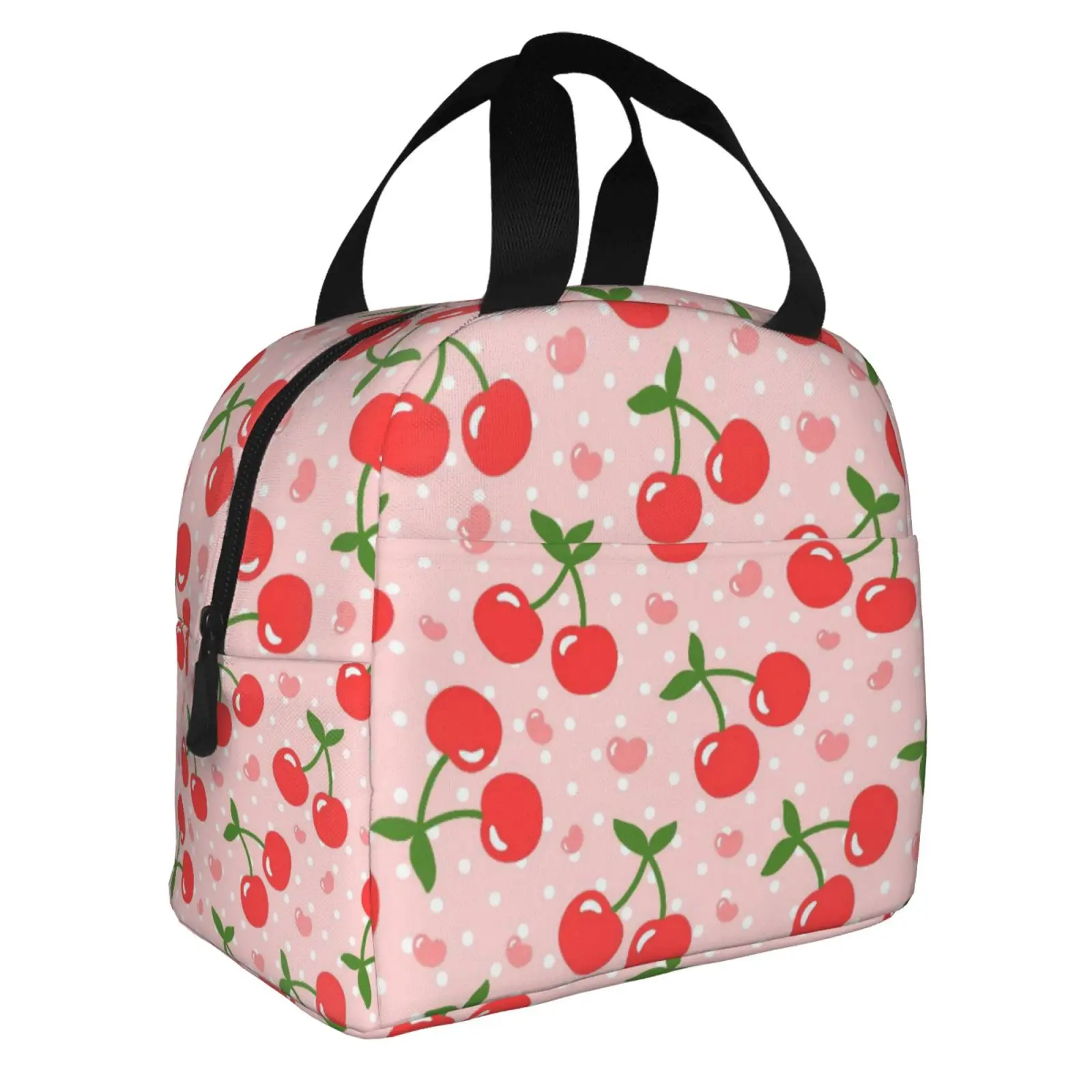 Cherry Love Print Insulated Lunch Bag for Women Men Portable Thermal Cooler Insulated Lunch Box Picnic Travel Food Tote Bags