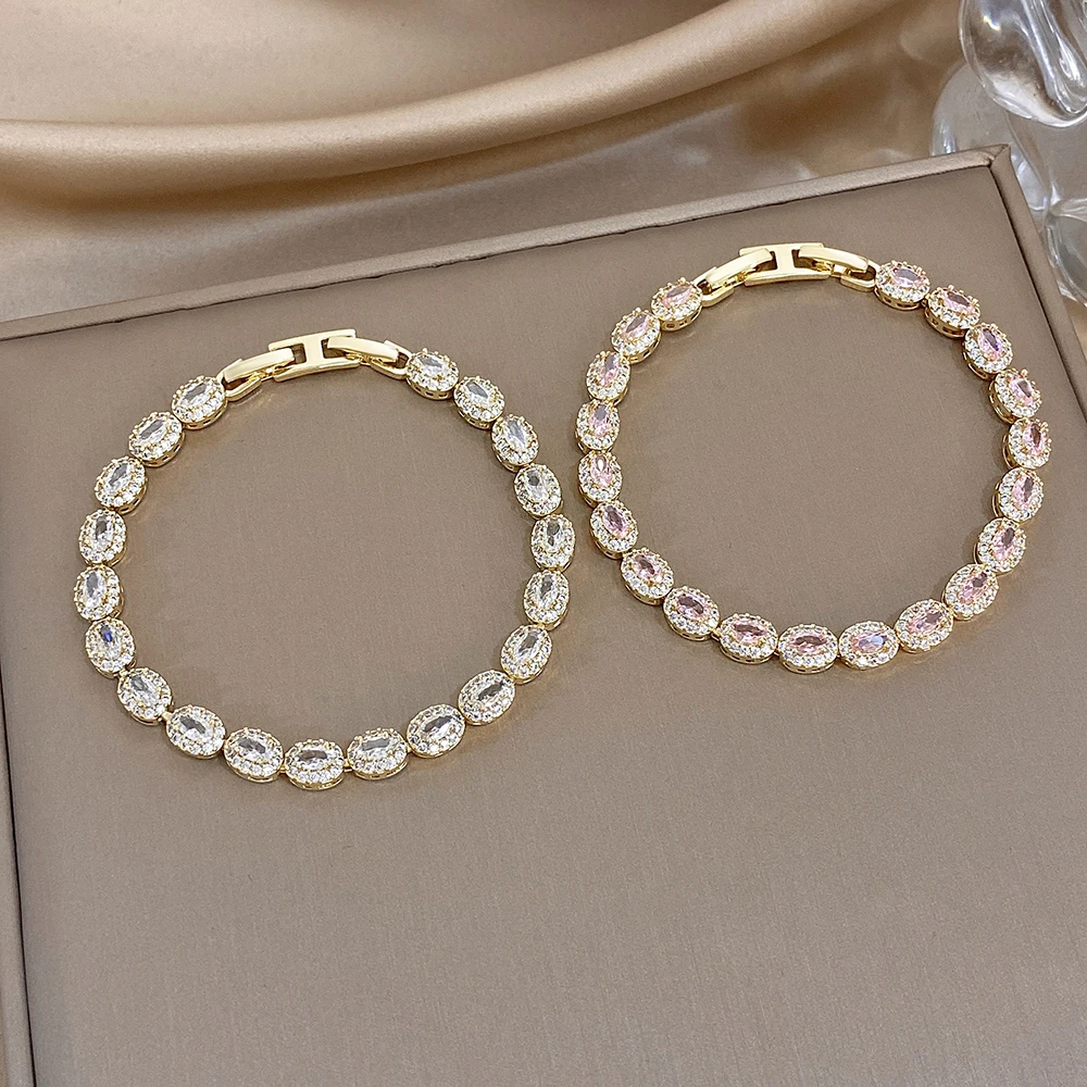 Freetry Classic Shiny Oval Cubic Zirconia Tennis Chain Bracelet for Women HipHop Golden Metal Copper Bracelet Luxury Jewelry New