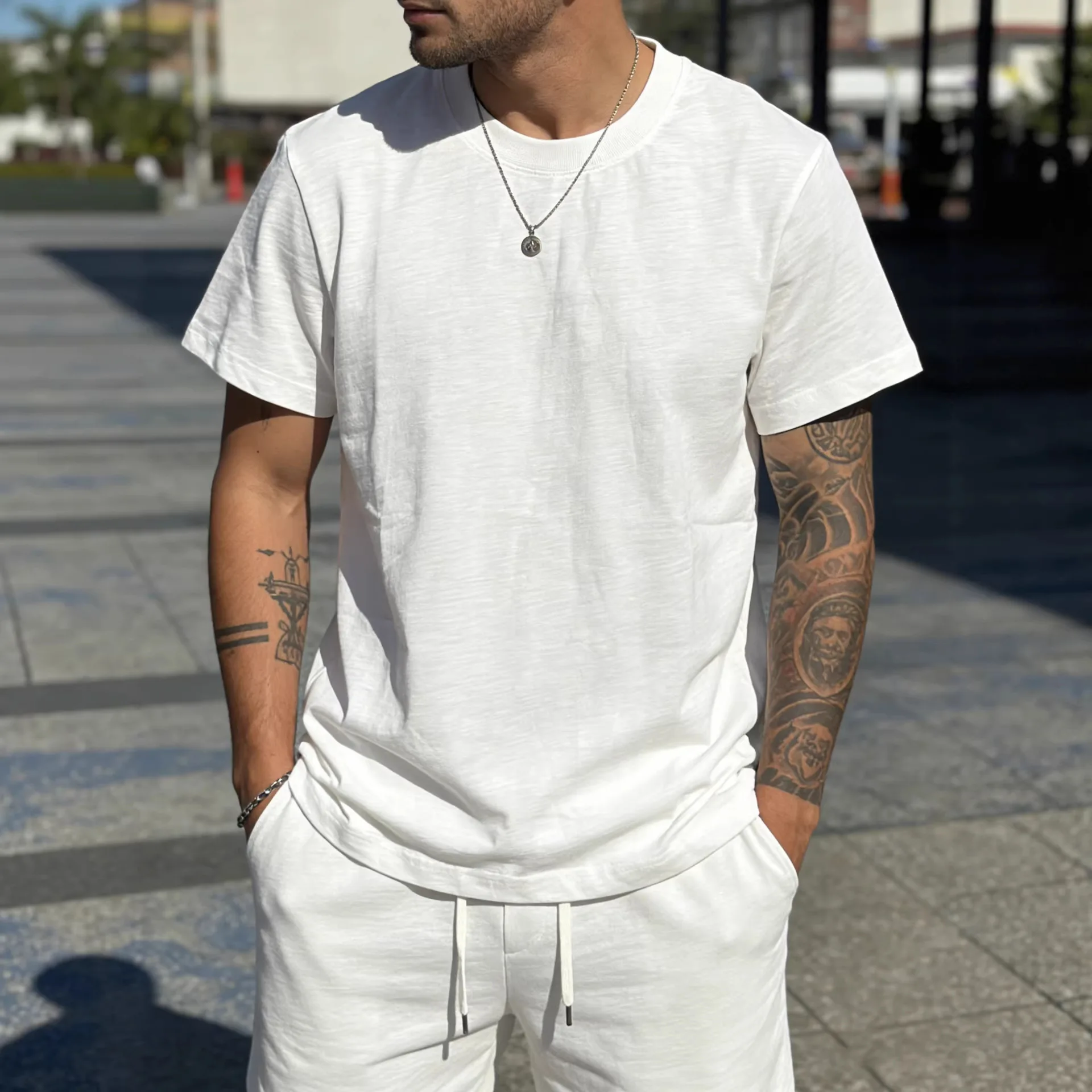 American Retro Amikaji 255g Heavy Duty Thick Old Bamboo Cotton Short Sleeve Solid Color T-shirt Basic