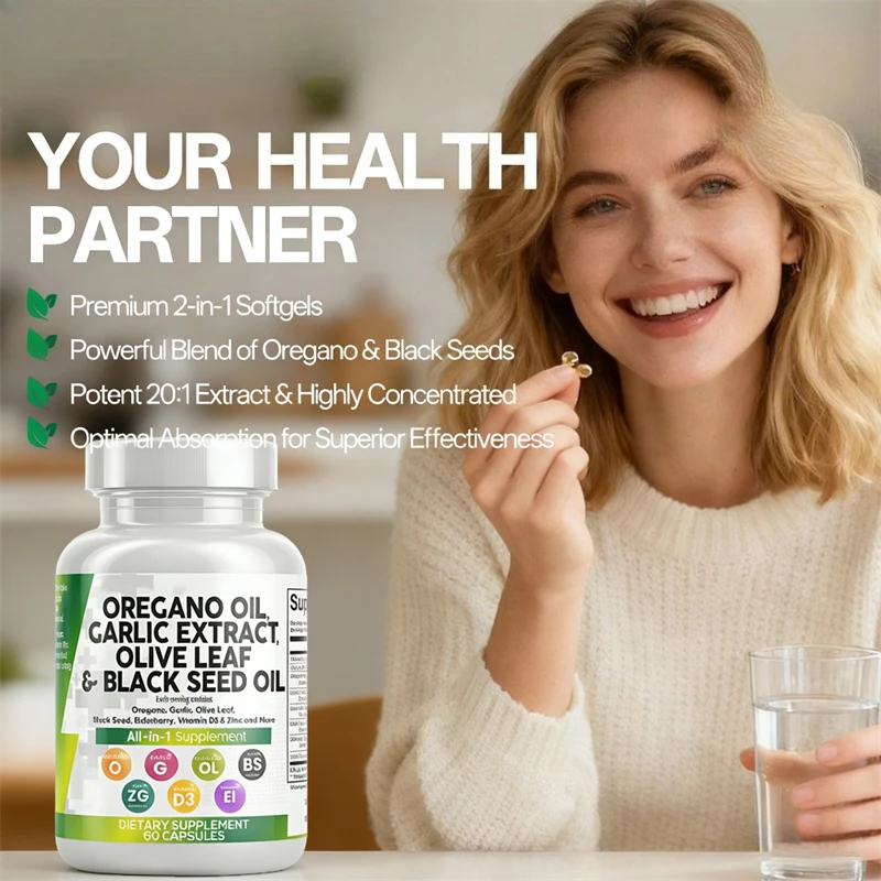 

60 Capsules Origano Oil, Garlic, Olive Leaves, Black Seed Oil, Immune Support and Digestive Health, Vitamin D3, Zinc