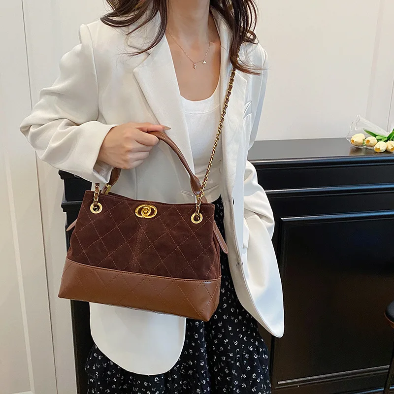 ヴィンテージカラーブロックトートバッグ、女性用、大容量レザーショルダーバッグ、クラシックなチェーンストラップ、仕事やショッピングに使える多用途な財布