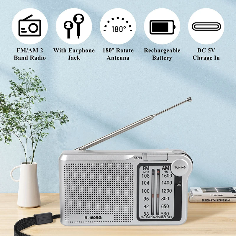 R-150RG Radio AM/FM portátil con altavoz, conector para auriculares, Radio de uso de emergencia de larga duración, funciona con batería, para correr en casa y caminar