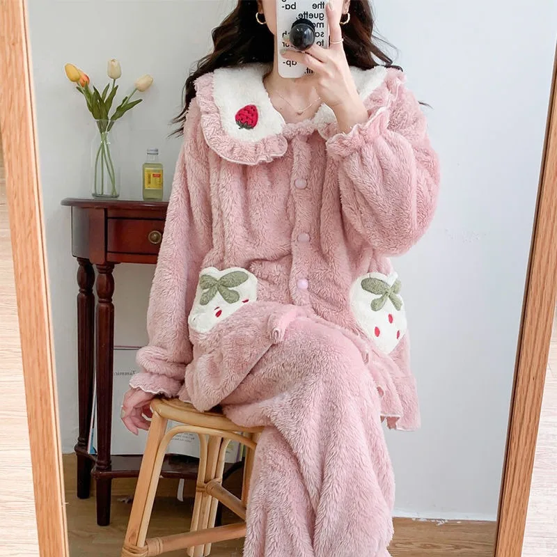 New Sleepwear Autumn Winter Postpartum Flannel Thick Plush Nursing Pajamas Pregnant Women Set Coral Velvet Can Be Worn Outside image 3