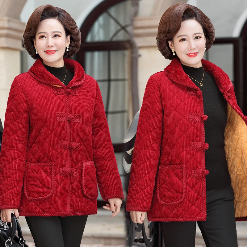 Casual Plus Velvet Thicken Coat Women  Middle Aged Mother Winter Jacket Cotton Padded Grandma Parkas  plus size women clothing