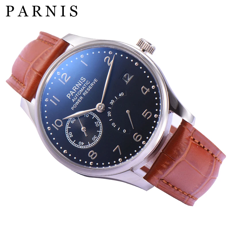 Fashion Parnis 43mm Black Dial Mechanical Automatic Men Watches Power Reserve Calendar Brown Leather Strap Watch 2024 Man Clock