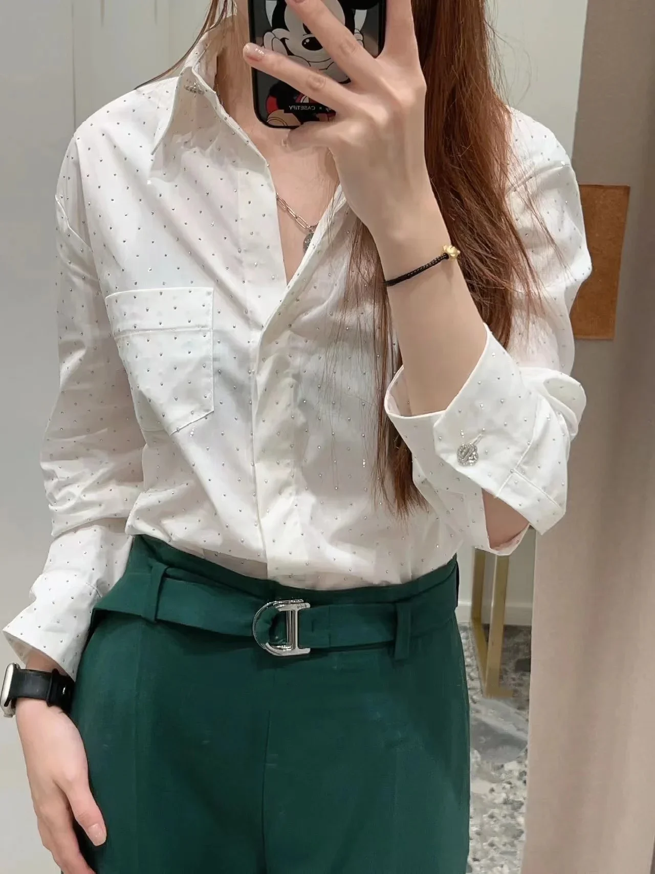 

Women's White Shirt Rhinestone Decoration Simple Turn-down Collar Single Breasted Female Long Sleeve Blouse with One Pocket