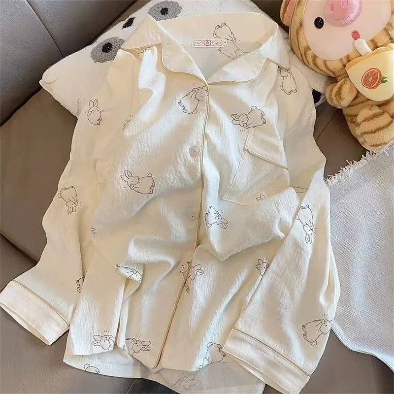 2024 Autumn New Faux Cotton Women Pajama Kawaii Button Cardigan Outfits 2 Piece Set Fashion Rabbit Sweet Pajamas Set for Women