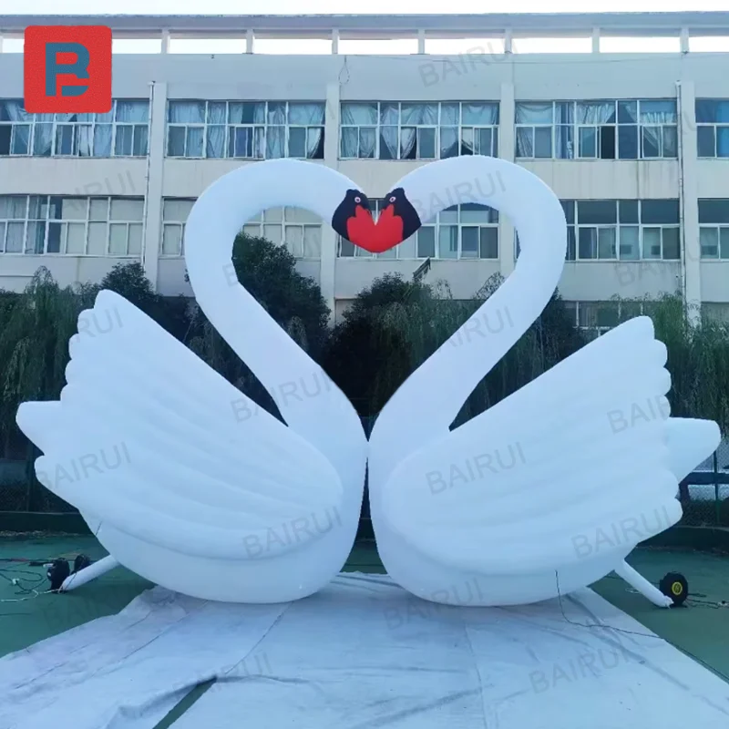 Romantic valentine inflatable swans couple goose outdoor realistic animal model white led light night park decoration