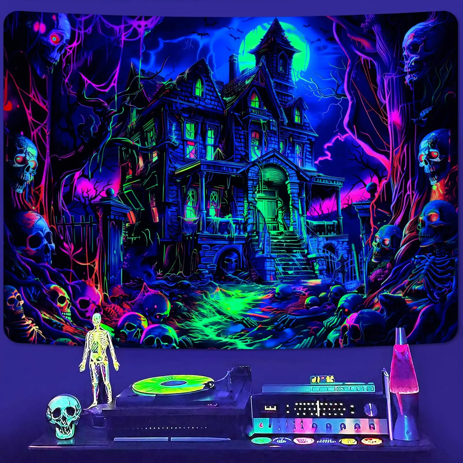VIKAMA Dark Fright Tapestry Ghost Castle Bat Skeleton Halloween Party Haunted House Set Home Decoration