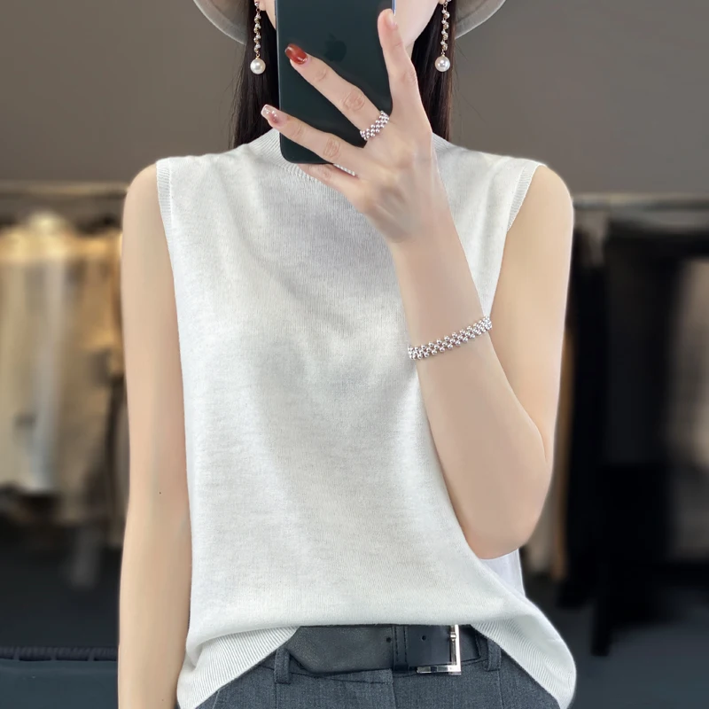 Women\'s T-shirt Spring and Summer 100% Pure Wool T-shirt Slim Fit Knitted Pullover Half High Neck Casual Sleeveless Top