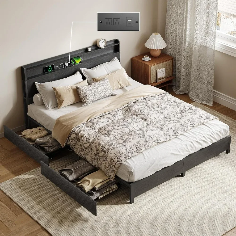 Estructura de cama con cabecera de almacenamiento y 4 cajones, estructura de cama con plataforma de metal con estación de carga USB, sin ruido, fácil montaje