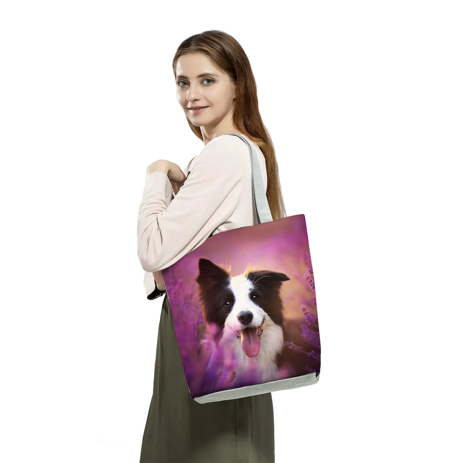 Border Collie Print Handbags High Capacity Casual Commuter Women Totes Cute Dog Graphic Shopping Bags Portable Travel Beach Bags