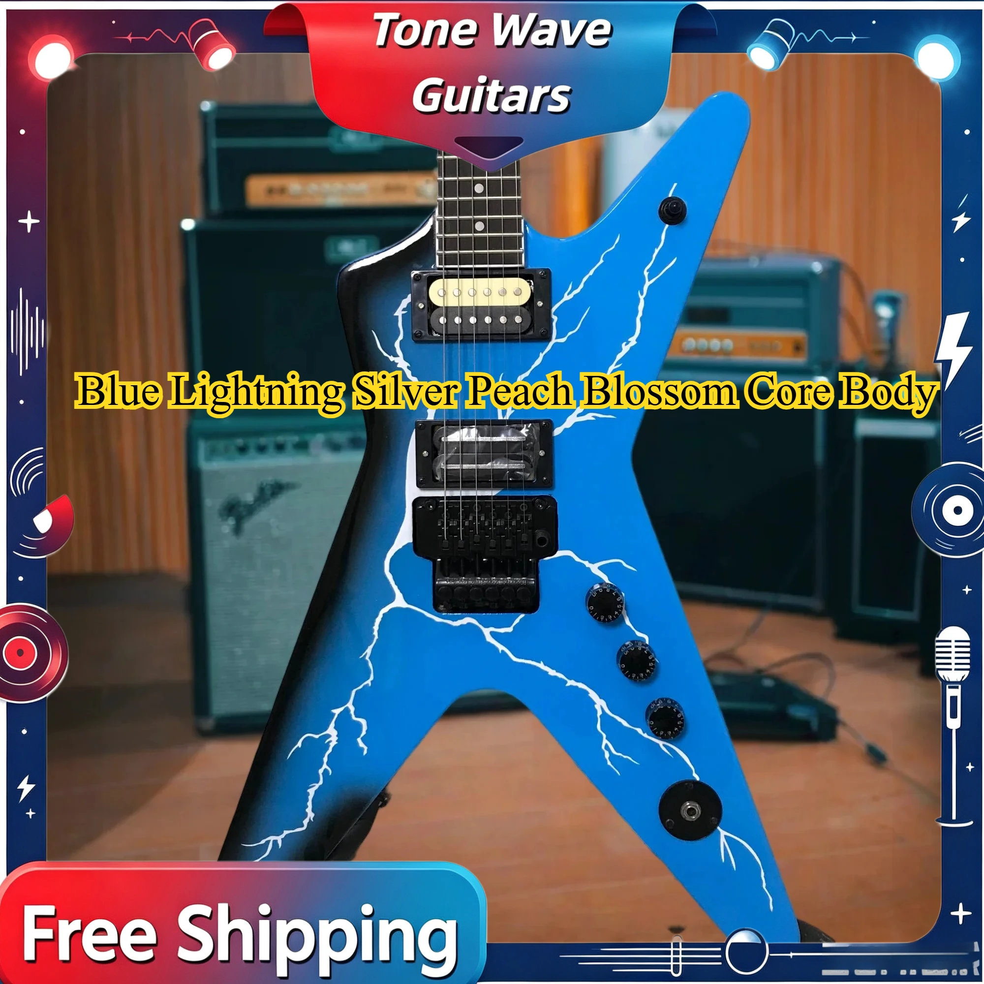 2026 Hot Blue Lightning Alien-Shaped Electric Guitar Rosewood Fingerboard Sharp Star-Shaped Body Tremolo Bridge System Beginner